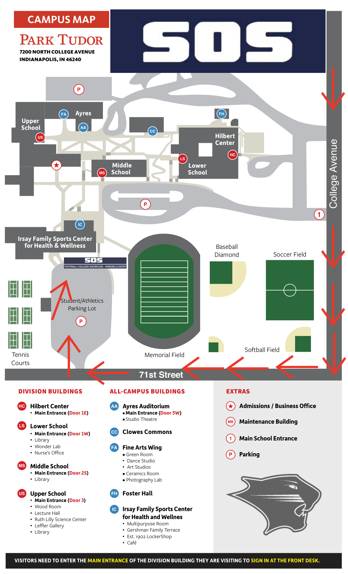 Park Tudor Campus Map with entry and parking directions
